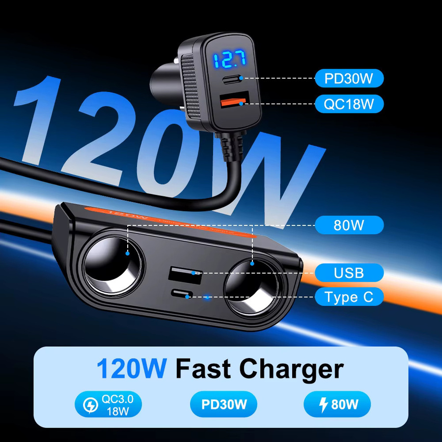 7-in-1 Autoladegerät Adapter mit PD USB-C Schnellladung und LED-Voltmeter in Schwarz - Bild 3