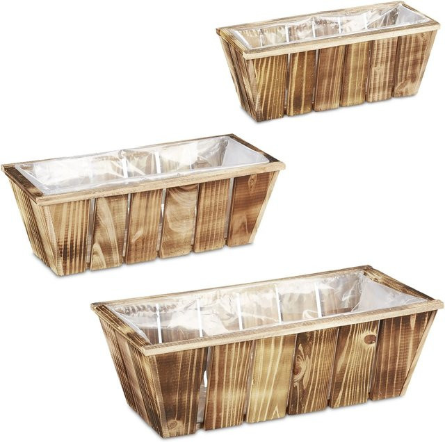 Relaxdays Blumenkasten 3er Set in Holzoptik Braun mit Folie, B/T/H: 46 x 23 x 15 cm - Bild 1