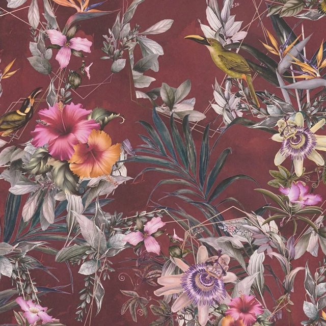 PROFHOME 381785-GU Floral Tapete mit Blumenmuster in Rot, Oliv-Grün, Rosa und Orange, Matt, Vlies, Breite: 0,53 m, Länge: 10,05 m - Bild 1