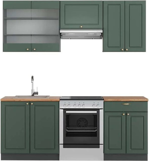 Vicco Fame-Line Küchenschränke Landhausstil in Grün, Gold und Anthrazit mit Eiche-Optik, B: 200 cm - Bild 1