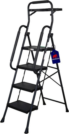 PROREGAL Profi-Trittleiter Klappbar mit Handbügel und Werkzeugablage, 4 Stufen, Schwarz, B/T/H: 160 x 51 x 87 cm, Traglast 150kg, Stahl