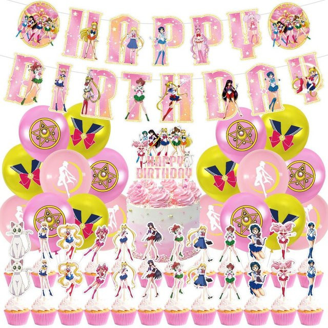 Bandai Sailor Moon Geburtstag Party Geschirr, Einweg Banner, Kuchen Topper, Hängen Flagge, Luftballons, Dekoration, 4-teiliges Set - Bild 1