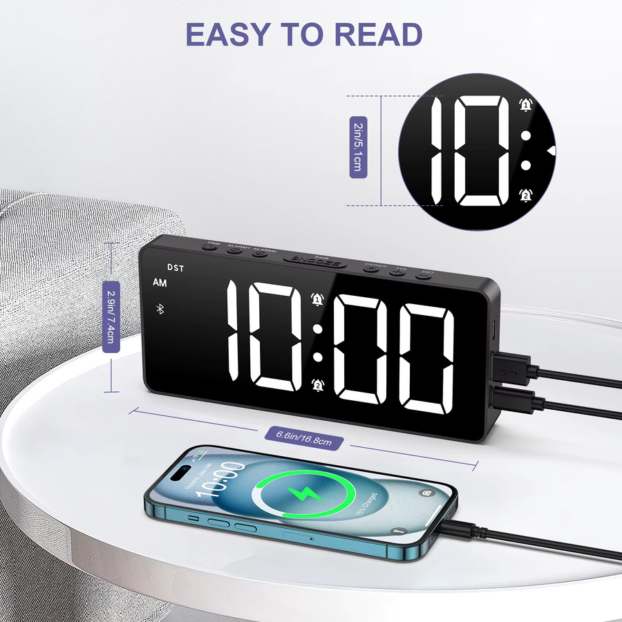 ORIA 7 Zoll LED-Wecker mit Bluetooth-Synchronisierung, digitaler Wecker mit Dual-Alarm und 5 Helligkeitsstufen in Schwarz - Bild 5