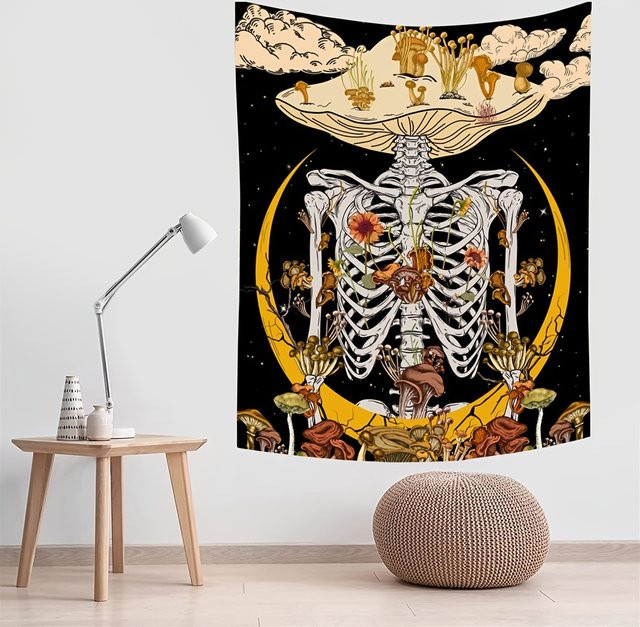 VIKAMA Fantasy Pilz Totenkopf Wandteppich in Multicolour mit Sternen, Mond und Wolken, B/H: 60 x 40 cm - Bild 1