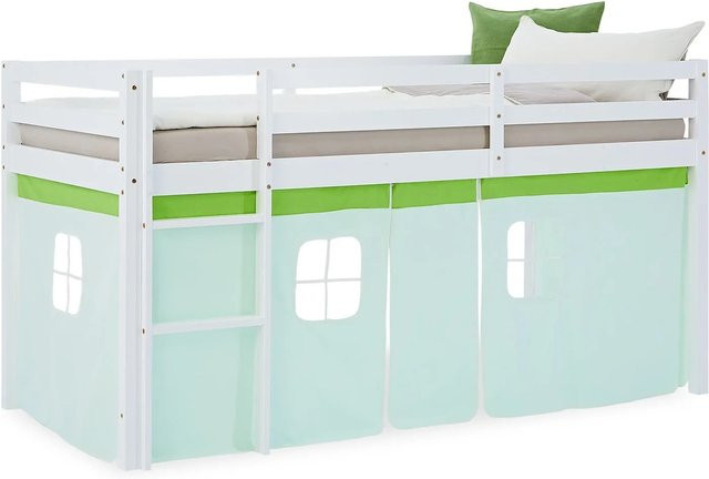 Homestyle4u Kinder Hochbett aus Kiefernholz mit Vorhang in Grün und Weiß, B/T/H: 90 x 200 x 175 cm - Bild 1