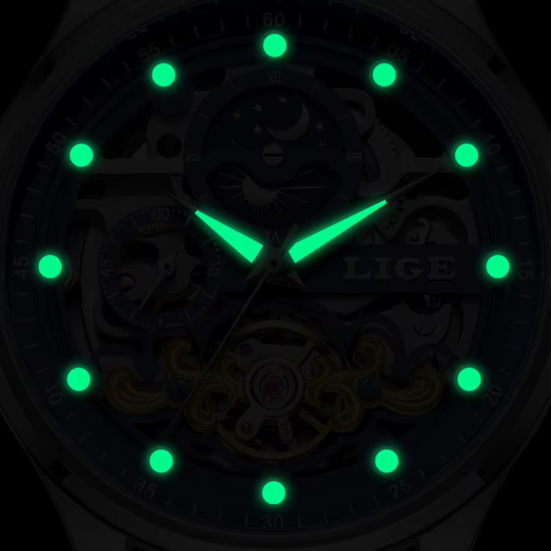 LIGE Armbanduhr Automatik, Schwarz Rot, Leder, Herren - Bild 5
