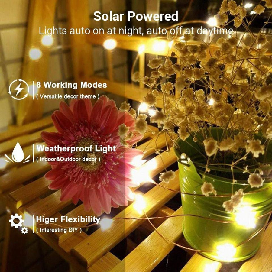 HappyhomeEE Solarbetriebene LED Lichterkette mit 100 LEDs in Warmweiß und Kupferdraht, 8 Modi für Garten, Terrasse, Hochzeit und Weihnachtsdekoration - Bild 11