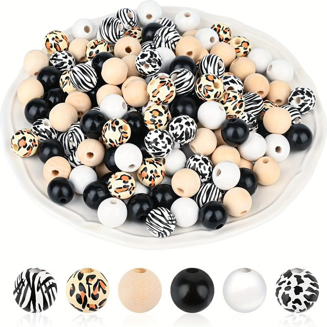 60-teiliges Set aus runden Holzperlen mit Leopardenmuster, Kuh- und Zebra-Print in Schwarz, Weiß und Multicolour für deine Bastelprojekte und Party-Dekoration - Bild 1