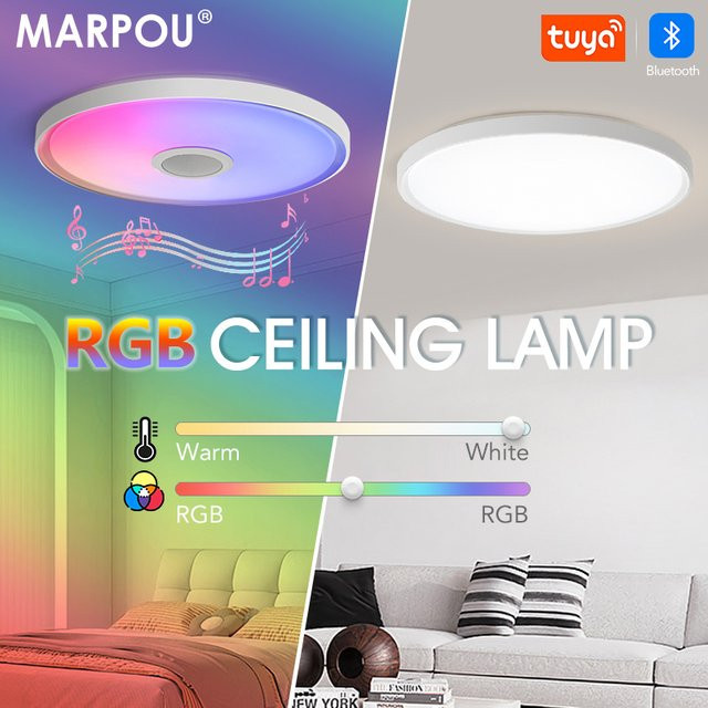 MARPOU Smart LED-Deckenleuchte mit Tuya RGB-Funktion, dimmbar und mit Fernbedienung, moderne runde Lampe in Weiß für Wohnzimmer und Schlafzimmer - Bild 1
