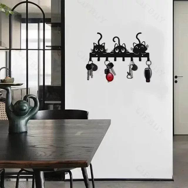 CIFBUY Wandhaken in Katzenform aus Metall, Schwarz, Dekorativer Halloween Katzen Wandhaken für Schlüssel und Kleidung - Bild 1