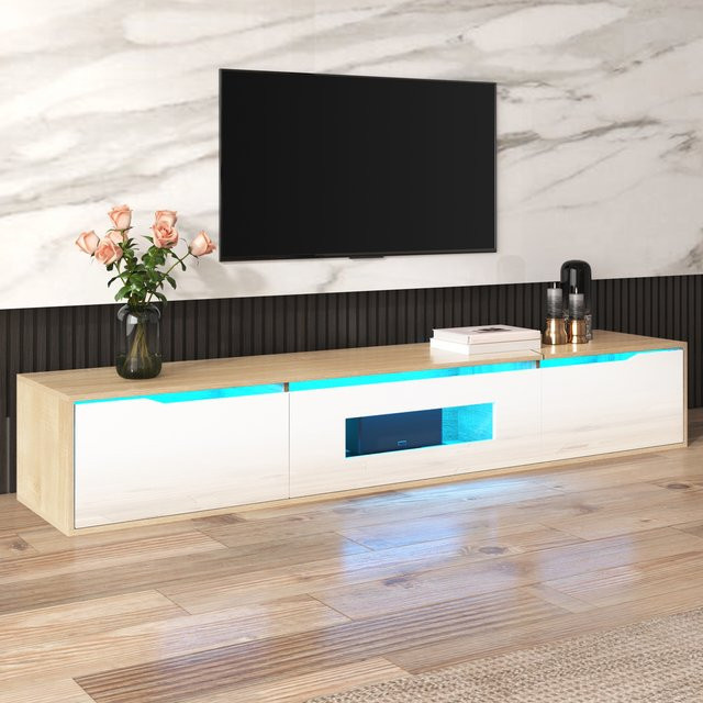 Okwish TV-Lowboard in Weiß mit farbveränderbarer LED-Beleuchtung, Hochglanz-Design, Wandmontage, B/T/H: 180 x 35 x 30 cm - Bild 1