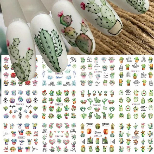 SWEET TREND Nail Art Wasseraufkleber, Grüner Kaktus, 12 Designs - Bild 1