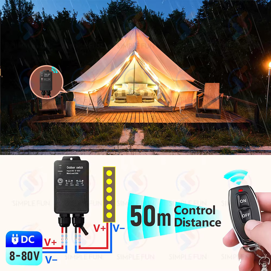 SLMPLEFUN Drahtlose Fernbedienung Schalter 433 MHz mit 30A Relais Modul, Wasserdicht für Außenbereich, Reichweite 50 m, DC 12 V 24 V 36 V 48 V 72 V für LED und Pumpen - Bild 4