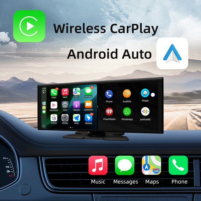 Ezonetronics Tragbares Auto-Display mit 10,26 Zoll 4K Touchscreen, Kabelloses Apple CarPlay und Android Split-Screen System, Schwarz - Bild 1