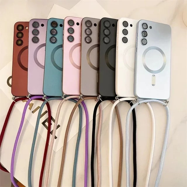 Luxuriöse Samsung Crossbody-Hülle mit Magnetverschluss und Trageriemen, Magsafe-kompatibel, weiche Silikonhülle in Weiß - Bild 1