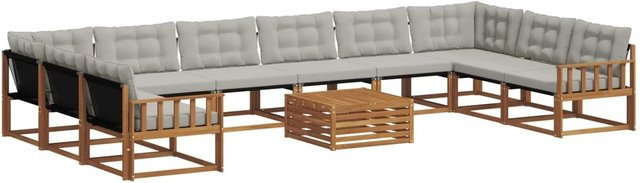 vidaXL Outdoor-Sofagarnitur in U-Form aus massivem Akazienholz mit Textilene und Kissen, 11-tlg., Hellgrau/Natur - Bild 1