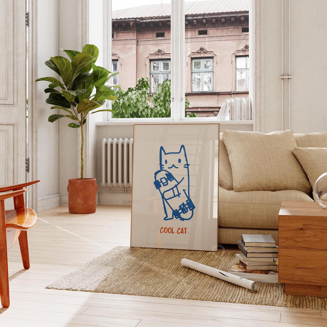 Modernes Poster mit Skateboard-Katze in Blau von SHENCHEN als digitale Wandkunst für Katzenliebhaber - Bild 1
