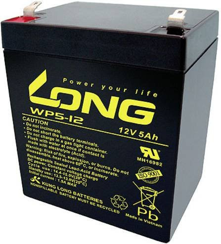 Long WP5-12/F1 Bleiakku 12V 5Ah Blei-Vlies AGM Schwarz mit 4.8mm Flachstecker B/H/T: 90 x 107 x 70 mm - Bild 1