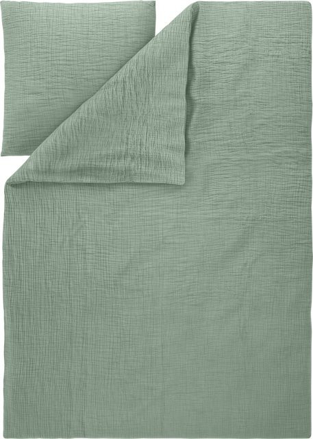 LIVARNO Musselin-Bettwäsche aus Baumwolle in Grün und Beige, Set bestehend aus Bettbezug und Kissenbezug, B/H: 155 x 220 cm, Kissen: 80 x 80 cm - Bild 1