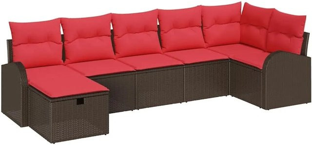 vidaXL L-Shape Gartenmöbel Set aus Poly-Rattan in Braun mit roten Polstern und integriertem Stauraum - Bild 1