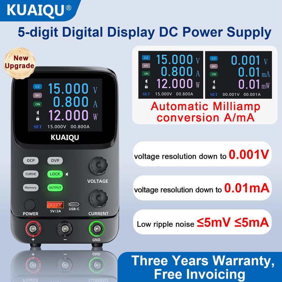 KUAIQU Programmierbare DC-Bench-Stromversorgung mit 4 Speichern, 5-Bit-Hochpräzisionsanzeige, μA-Strommessung, Low Ripple und OCP/OVP-Schutz, Schwarz, 30V - Bild 2