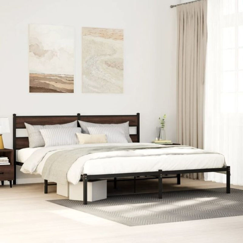 vidaxl Metallbett im Industrial Design mit Kopfteil aus Holzwerkstoff, Braun, B: 190 cm, T: 200 cm - Bild 1
