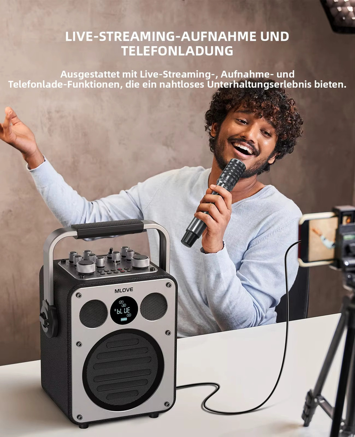 MLOVE D5 Professionelle Karaoke-Maschine in Schwarz mit Bluetooth, 2 kabellosen Mikrofonen und Aufnahmefunktion - Bild 3