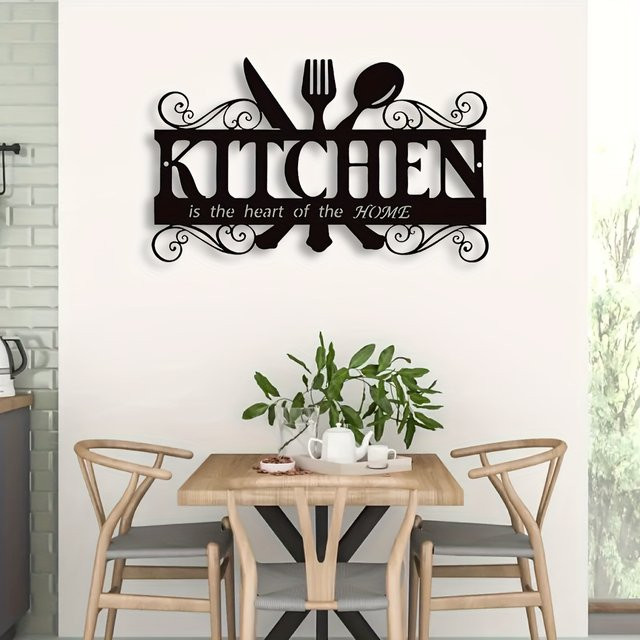 Art Deco Küchenwandkunst aus schwarzem Metall mit Familienmotiv und Herz-Typografie als Hängeschild für dein Bauernhaus-Dekor - Bild 1