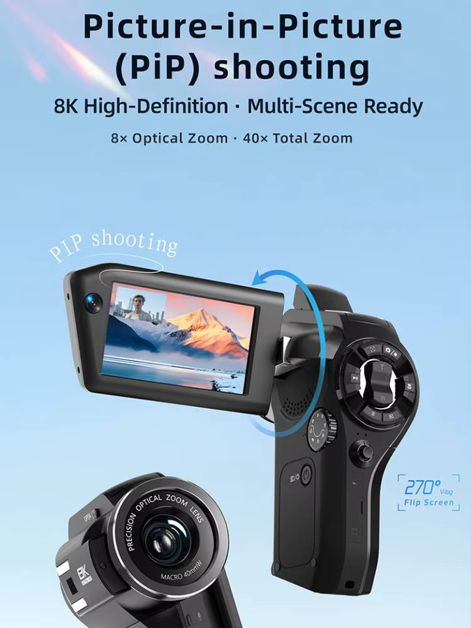 AMORUS 8K Videokamera Camcorder mit 75MP, WLAN, 8-fach optischem Zoom und IR Nachtsicht, Schwarz - Bild 1