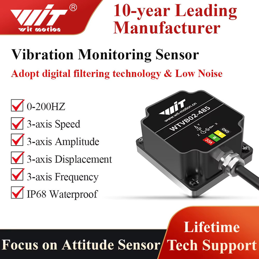 WitMotion WTVB02-485 Triaxialer Vibrations-, Geschwindigkeits- und Amplitudensensor in Schwarz, IP68 Wasserdicht zur Überwachung von Motorpumpen-Vibrationen - Bild 2