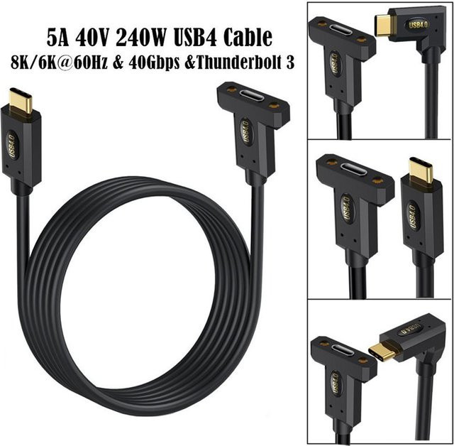 AXONUS USB4 Typ-C Panel-Verlängerungskabel mit Ohrschraube, Thunderbolt 4 kompatibel, 240 W, Schwarz - Bild 1