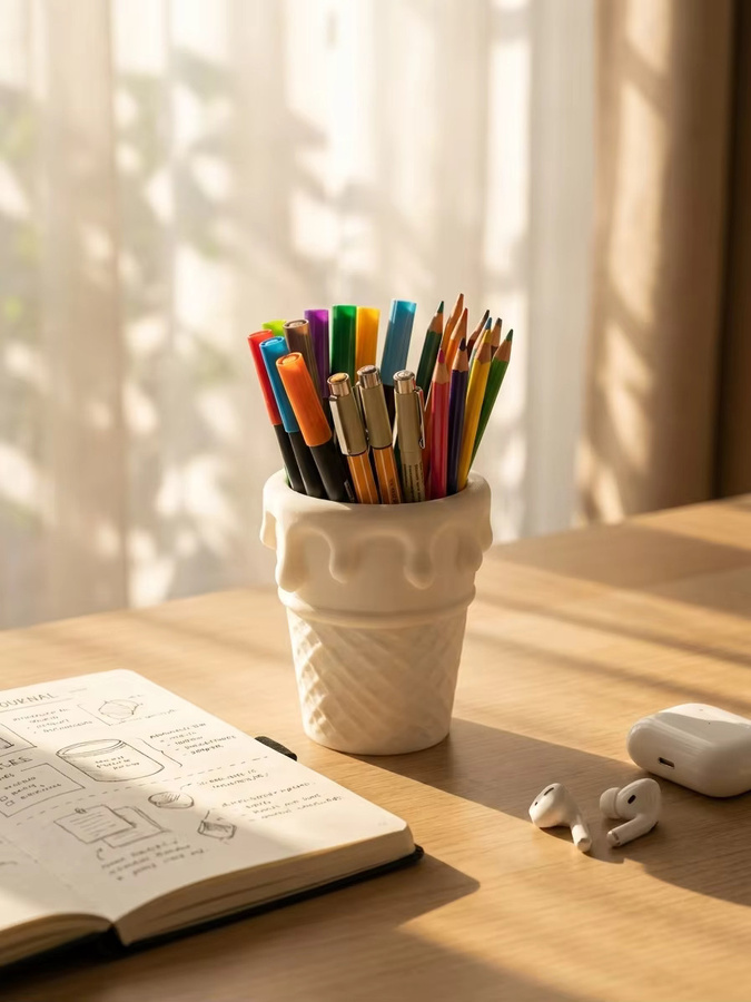 Kreativer Stifthalter in Eistüten-Form, weißer 3D-gedruckter Schreibtisch-Organizer für Schüler und Studenten - Bild 4