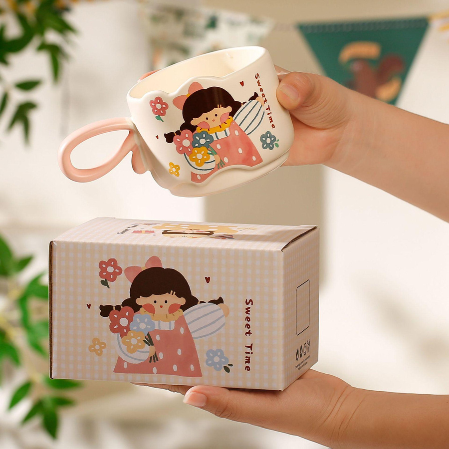 Niedrige Keramiktasse mit Cartoon-Design für Kinder und Studenten, 301-400ml, in verschiedenen Farben erhältlich - Bild 2