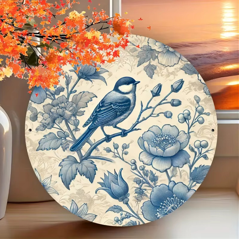 Rundes Metallschild von Potdemiel im Vintage-Stil mit blauem Blumenvogel-Design zur Wanddekoration - Bild 3