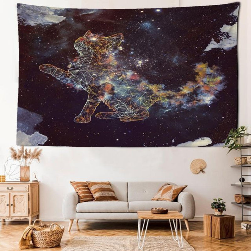 Super Six Wandbehang mit Katzenmotiv im Sternenuniversum, Bohemian Style Textildruck, mehrfarbig, B: 95 cm, H: 70 cm - Bild 1