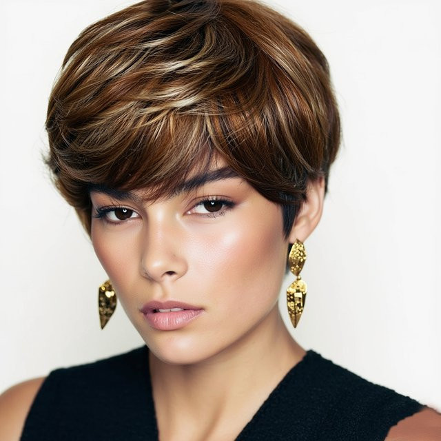 OYM HAIR Braune Highlight-Perücke, Pixie-Schnitt, Echthaar, Damen - Bild 1