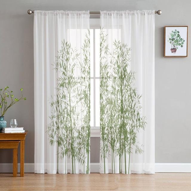 Transparenter Tüll-Vorhang mit grünem Bambusblatt-Design von A Family Of Home Textiles, Voile-Fensterdekoration für Wohnzimmer, Schlafzimmer und Küche, B: 135 cm, H: 244 cm - Bild 1