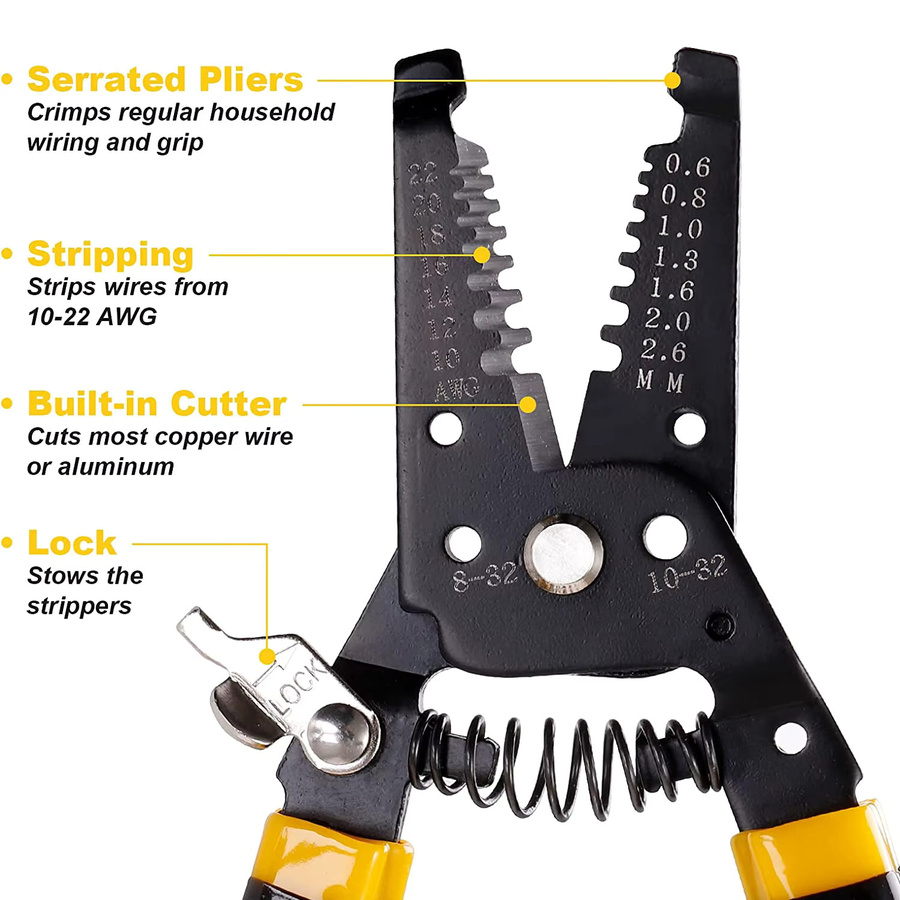 CLAMPLUS Abisolierzange SJ-1022 7 Zoll in Schwarz, Multifunktions-Cutter Crimper für 10–22 AWG und Kupferdraht - Bild 6