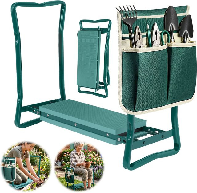HGTUGO 2-in-1 Gartenhocker und Sitz aus Metall in Grün mit Werkzeugtasche, klappbare Gartenbank für Gartenarbeit, Angeln und Camping - Bild 1