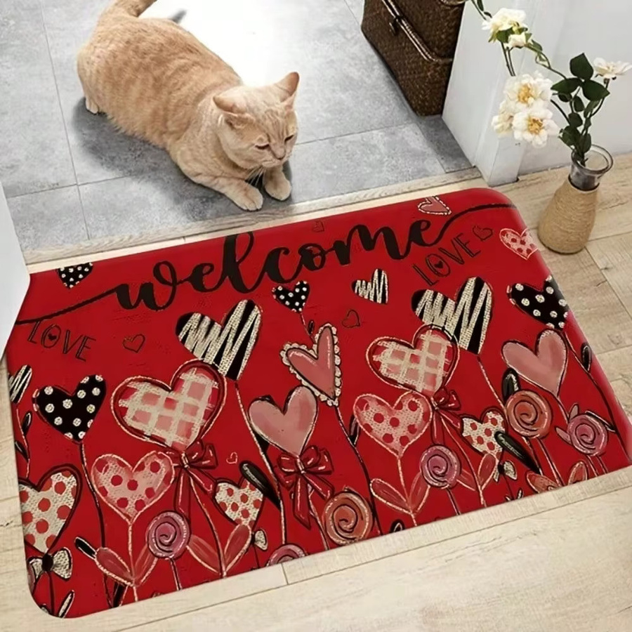 VIKAMA Druckteppich mit rotem Herzdruck, rutschfeste und wasserabsorbierende Fußmatte in Rot - Bild 1