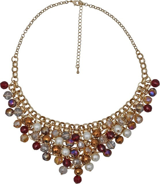 Collierkette Metall goldfarben, Perlen, Topaz, Rot, Weiß, Braun - Bild 1