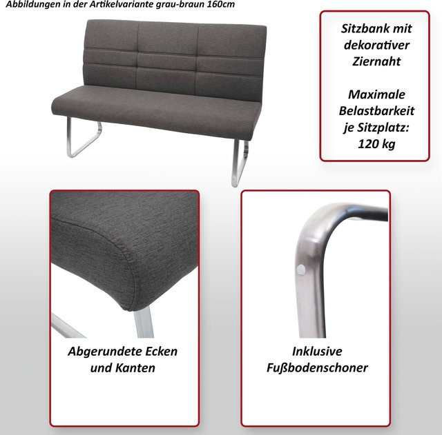 MCW Esszimmer-Set G55 mit 2 Esszimmerstühlen mit Armlehnen und einer Sitzbank, Farbe Grau-Braun, Stoff und Edelstahl, Breite: 160 cm - Bild 1