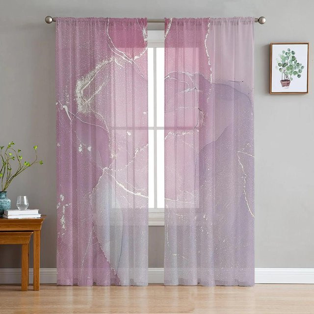 Yiran Furniture Transparenter Vorhang mit Marmor Muster in Lila, Tüll Voile Organza für Wohnzimmer und Küche, B: 135 cm, H: 137 cm - Bild 1