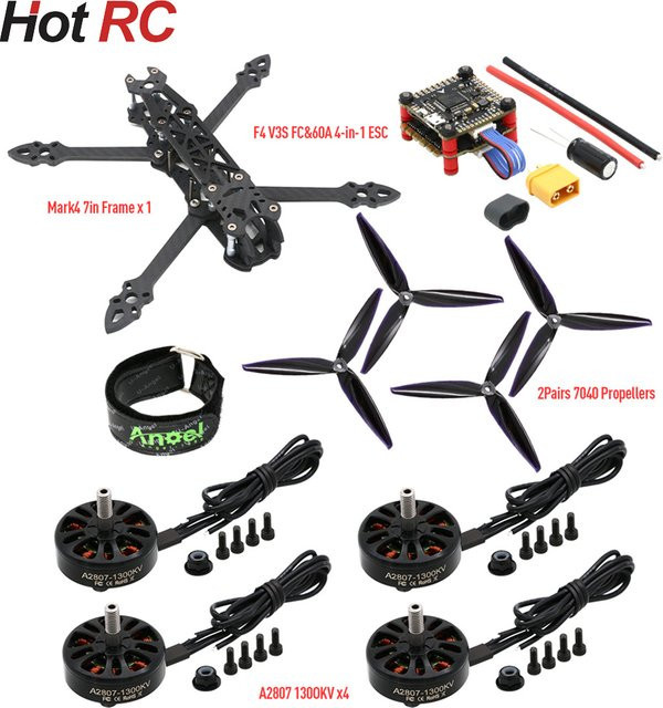 Hot RC FPV-Drohnen-Kit Mark 4 mit 7-Zoll Rahmen, F4 V3S PLUS Stack BLS 60A ESC, A2807 1300KV Motoren und 7040 Propellern in Multicolour - Bild 1