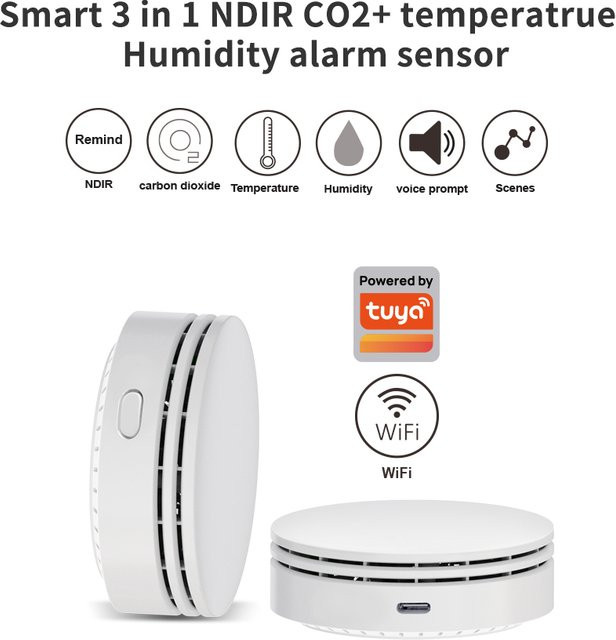 Lincukoo Tuya Smart Wi-Fi Monitor in Weiß: 3-in-1 Messgerät für Temperatur, Luftfeuchtigkeit und CO2 mit NDIR-Sensor und audiovisuellen Alarmen - Bild 1