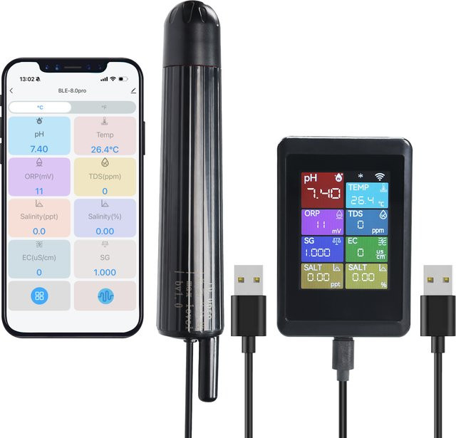 GAIN EXPRESS 8-in-1 WLAN PH-Meter Multi-Parameter Wassermonitor für pH, Temperatur, TDS, EC, Salzgehalt, Spezifisches Gewicht und ORP in Schwarz - Bild 1