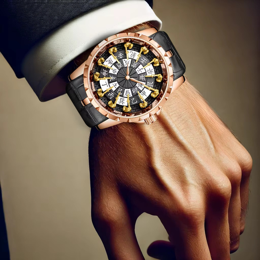 CAROTIF Armbanduhr Roségold, Quarz, Leder, Herren, Schwarz - Bild 2