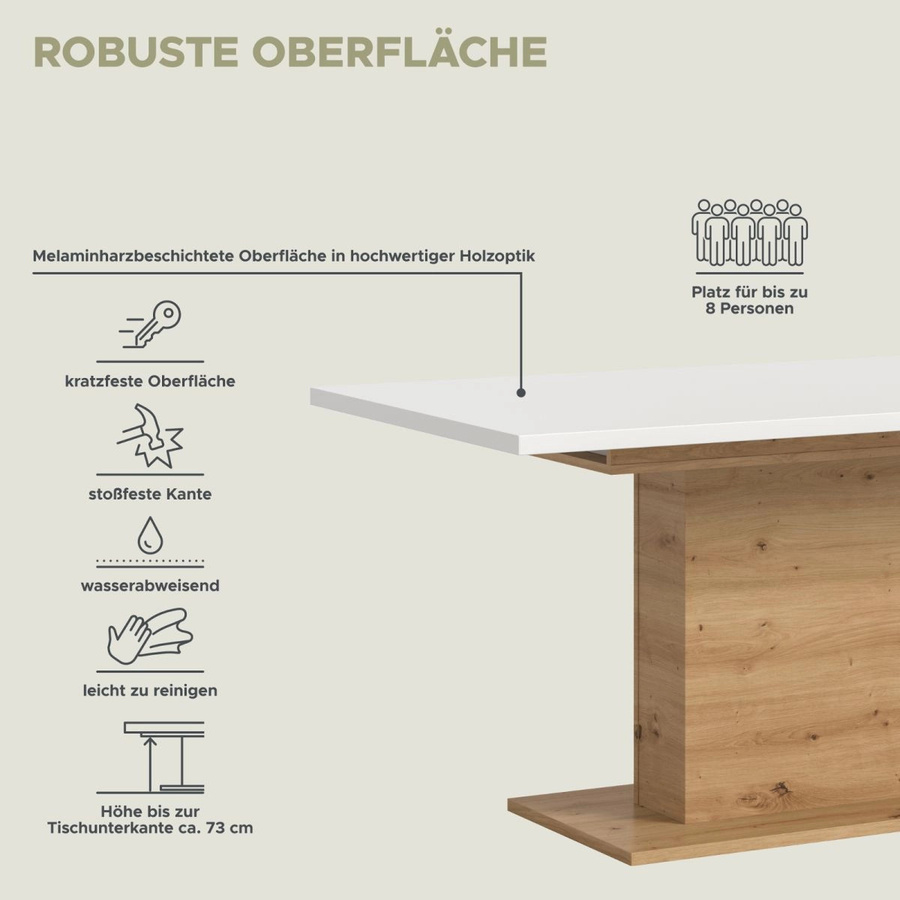 Inn.Furn Esstisch ausziehbar in Weiß und Eiche, rechteckiger Küchentisch modern B/T/H: 150 x 90 x 76 cm bis 190 x 90 x 76 cm - Bild 5