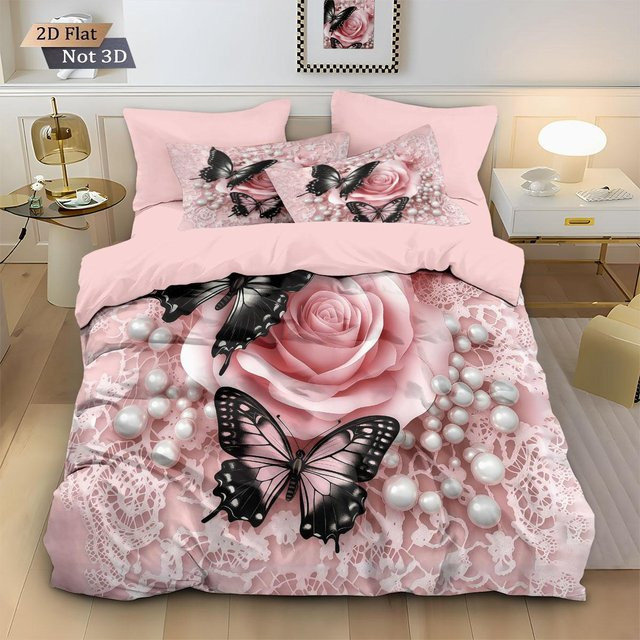 3-teiliges Bettwäsche-Set mit floralem Rosenblüten-Aufdruck in Pink, bestehend aus Bettbezug und Kissenbezügen aus Mikrofaser, B/B: 240 x 220 cm - Bild 1