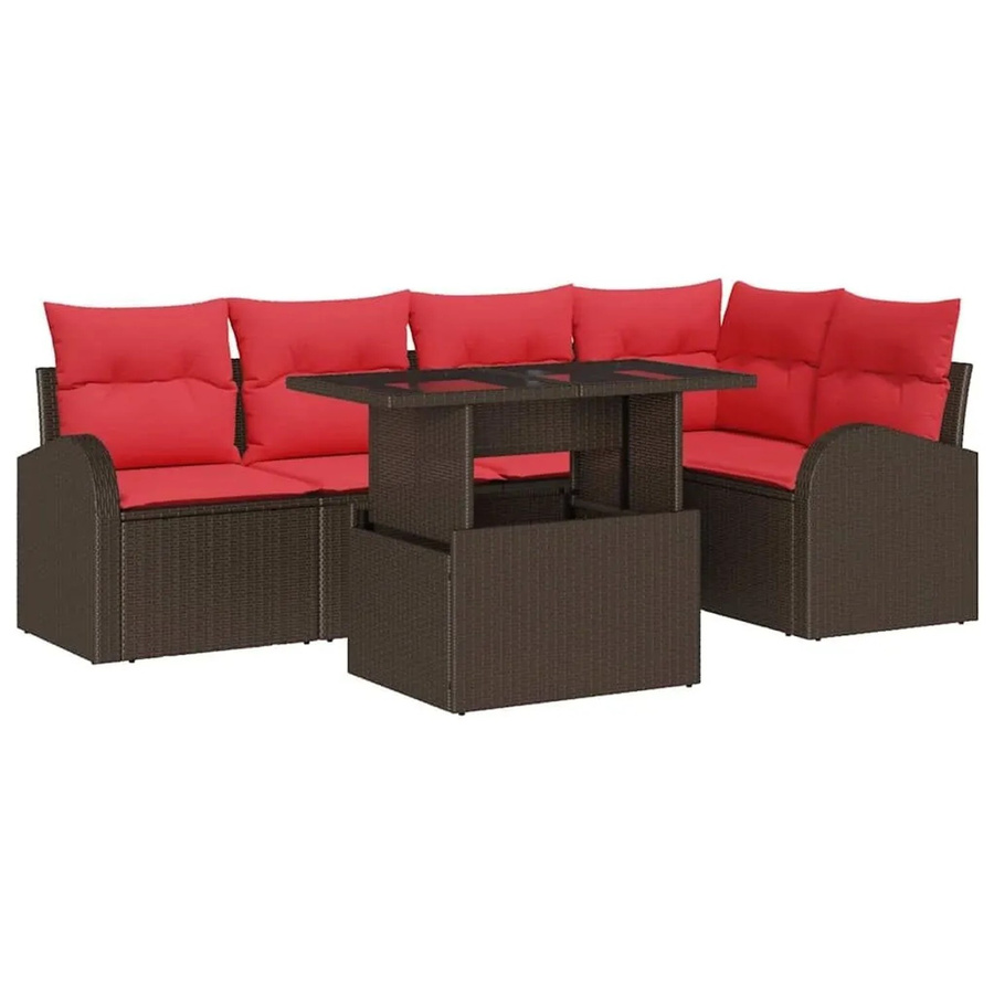 vidaXL Garten-Sofa-Set in L-Form mit 6 Kissen, braunes Poly-Rattan und roter Polsterung, inklusive Couchtisch und Eckelement für Garten und Terrasse - Bild 2
